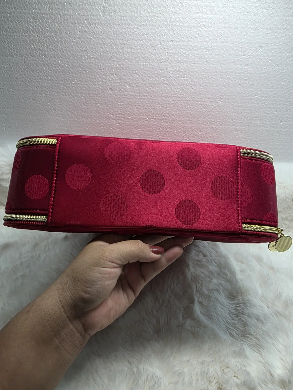 Estee Lauder Red Polka Dot Cosmetic Pouch with Gold Zippers